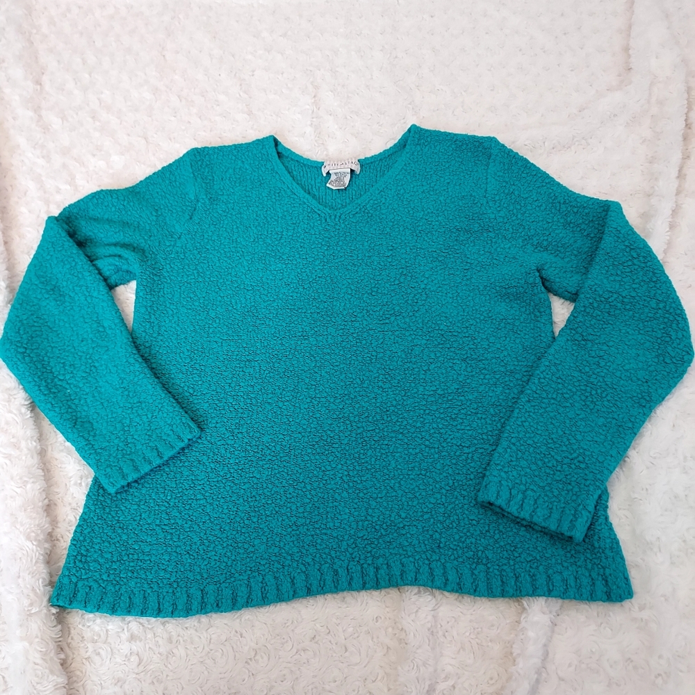 White Stag Aqua Blue V-neck popcorn Textured sweater Large Fall Time